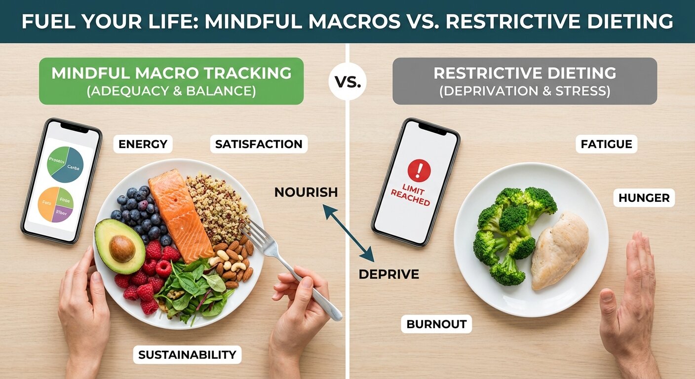 Diagram comparing mindful macro tracking for adequacy vs. restrictive dieting