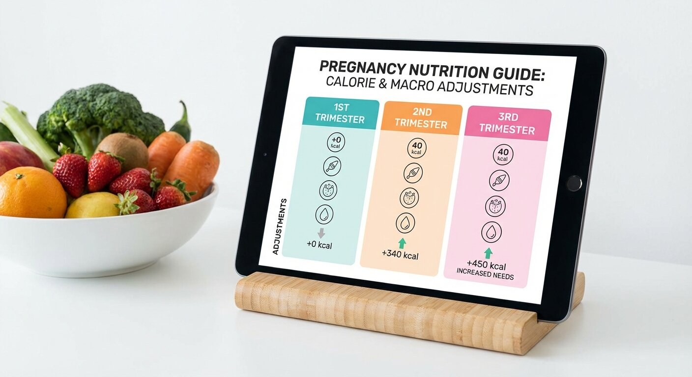 Infographic showing calorie and macro adjustments by pregnancy trimester