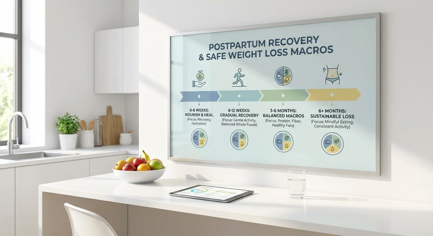 Timeline showing postpartum recovery and safe approach to weight loss macros