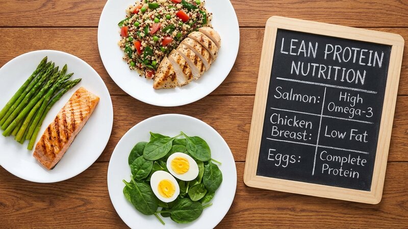 Lean protein sources including salmon, chicken breast and eggs