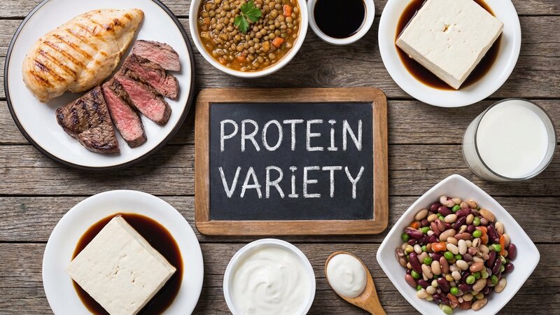Variety of protein sources including meat, legumes, tofu and dairy
