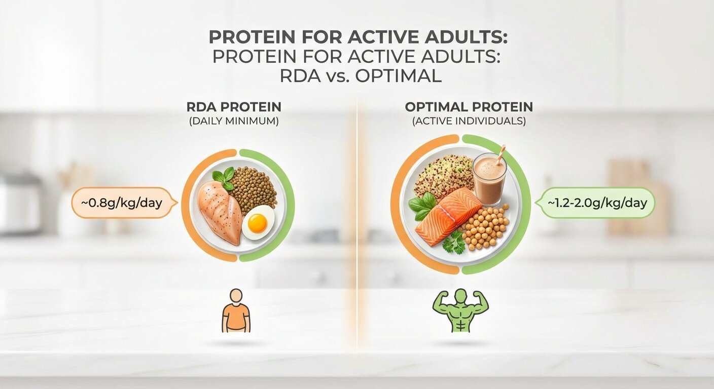 Comparison graphic showing RDA protein vs optimal protein for active individuals