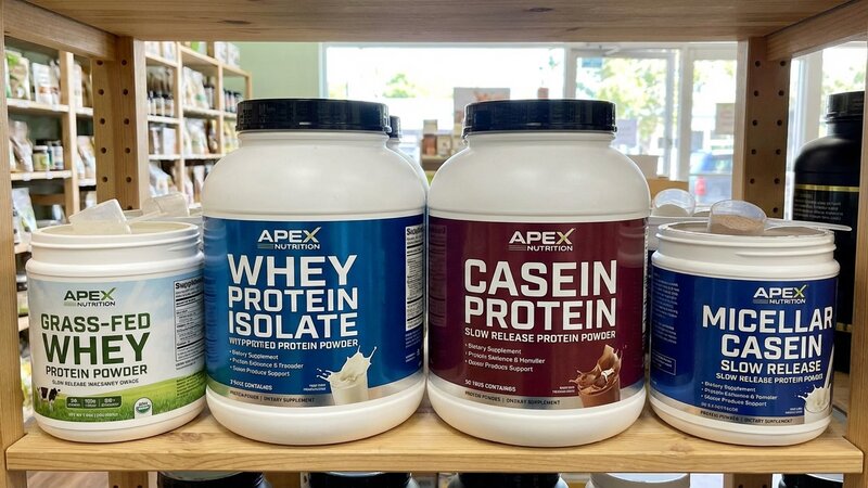 Different types of protein powder in containers