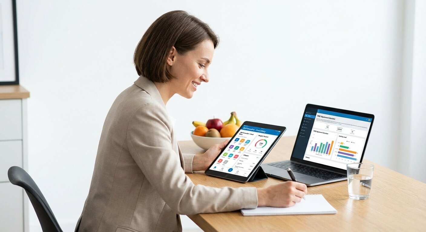 Person reviewing food diary and weight tracking app to adjust TDEE