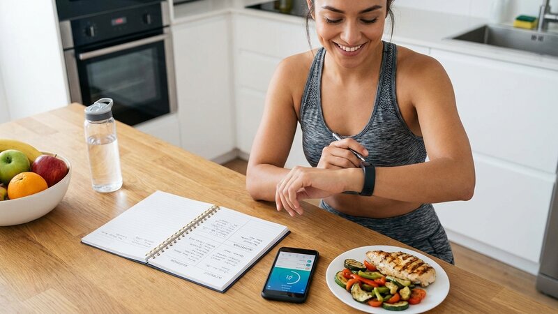 Person tracking fitness progress with workout and nutrition