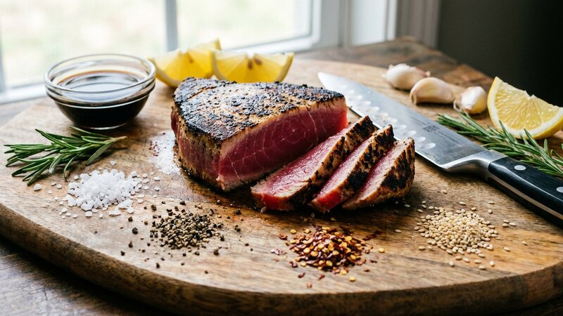 Fresh tuna steak on a cutting board with seasonings