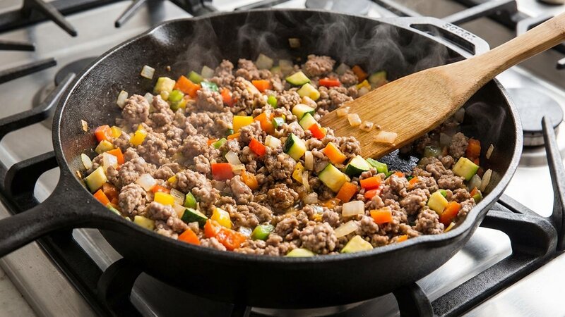 Ground turkey cooking in a skillet with vegetables
