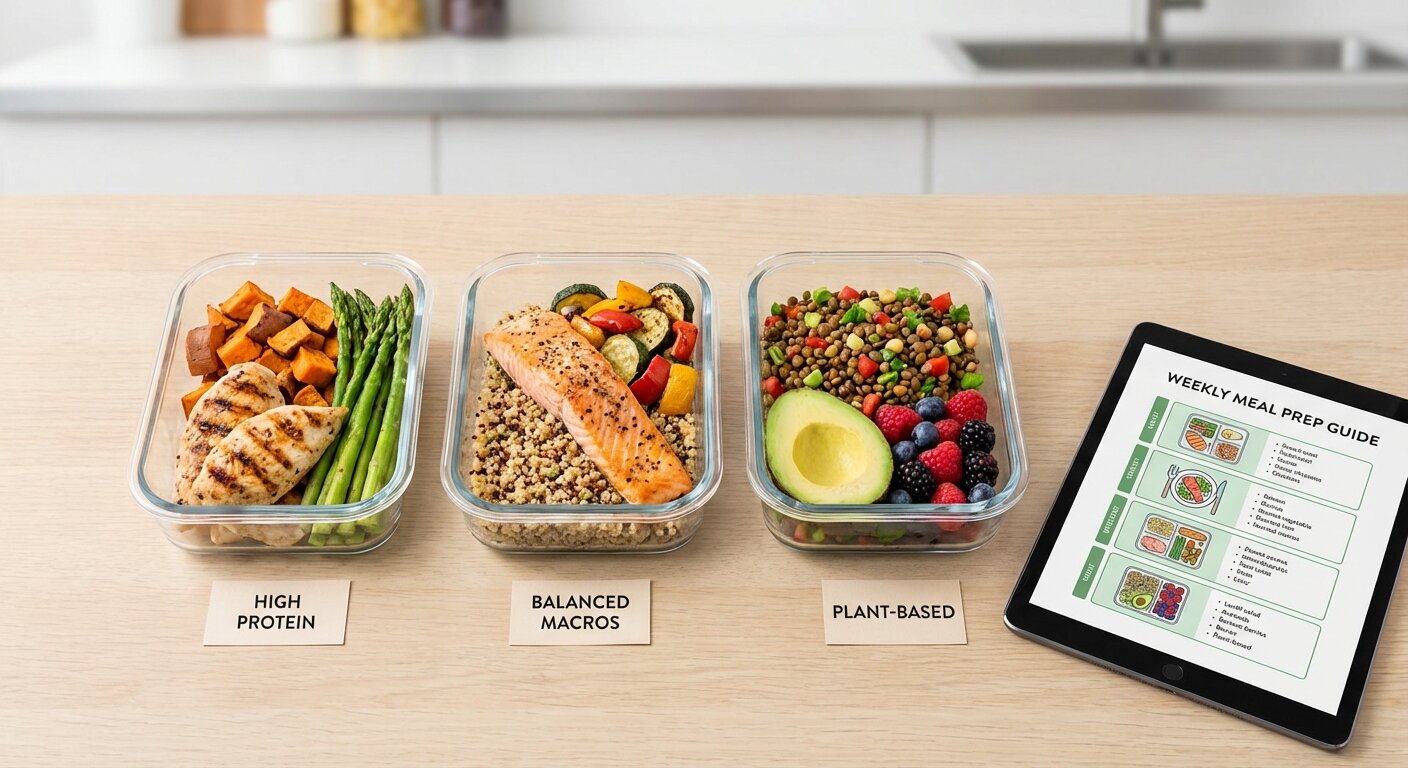 Three different meal prep layouts showing various macro splits