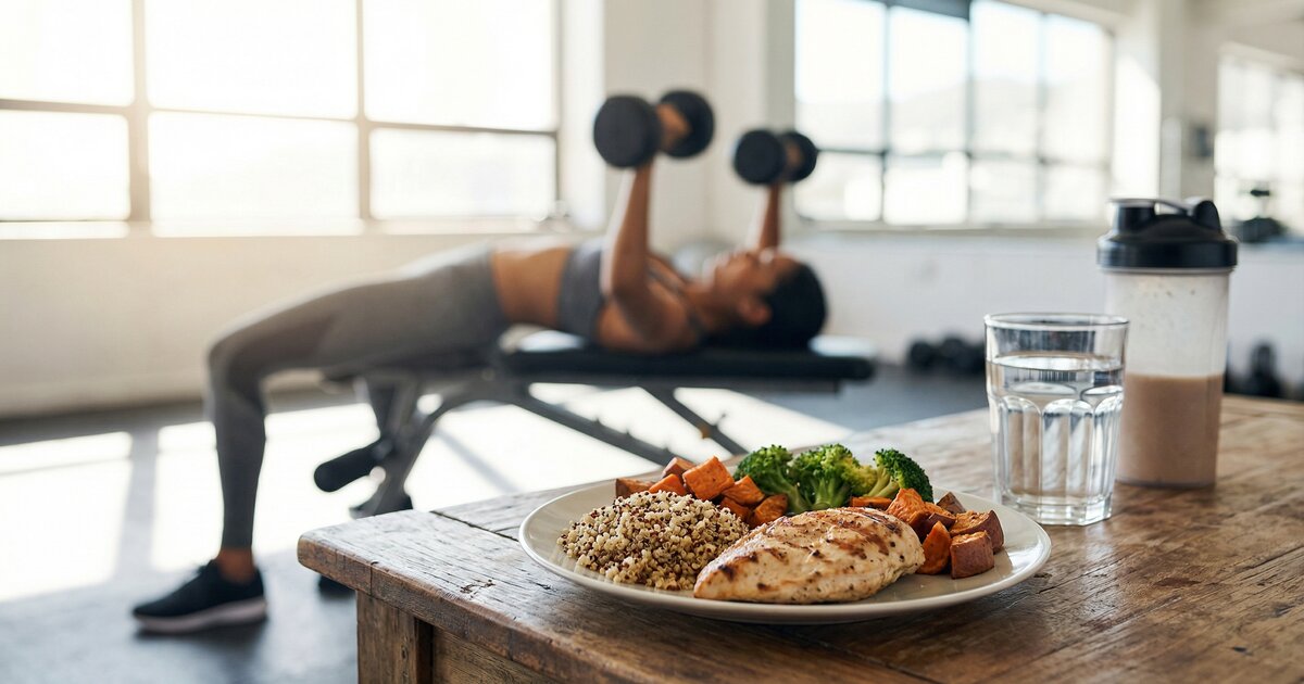 Before/after body recomposition transformation showing fat loss and muscle gain