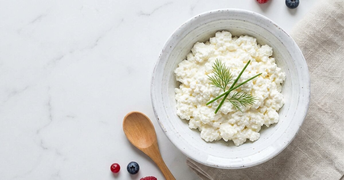 Fresh cottage cheese in bowl - 11g protein, 3g carbs, 4g fat per 100g
