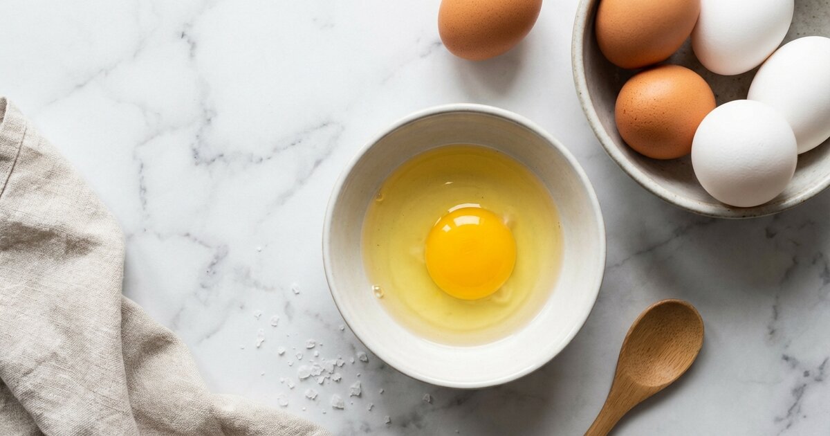 Whole eggs and cracked egg showing yolk - 13g protein, 1g carbs, 11g fat per 100g