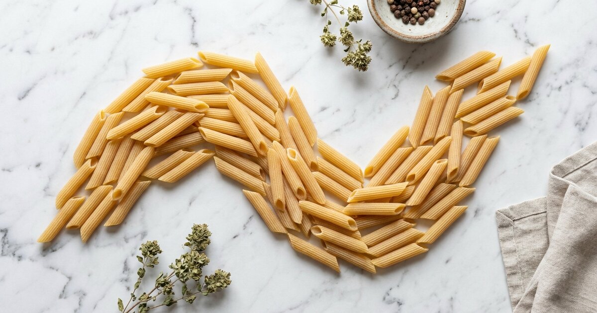 Dried penne pasta spilling from jar - 5g protein, 31g carbs, 1g fat per 100g cooked