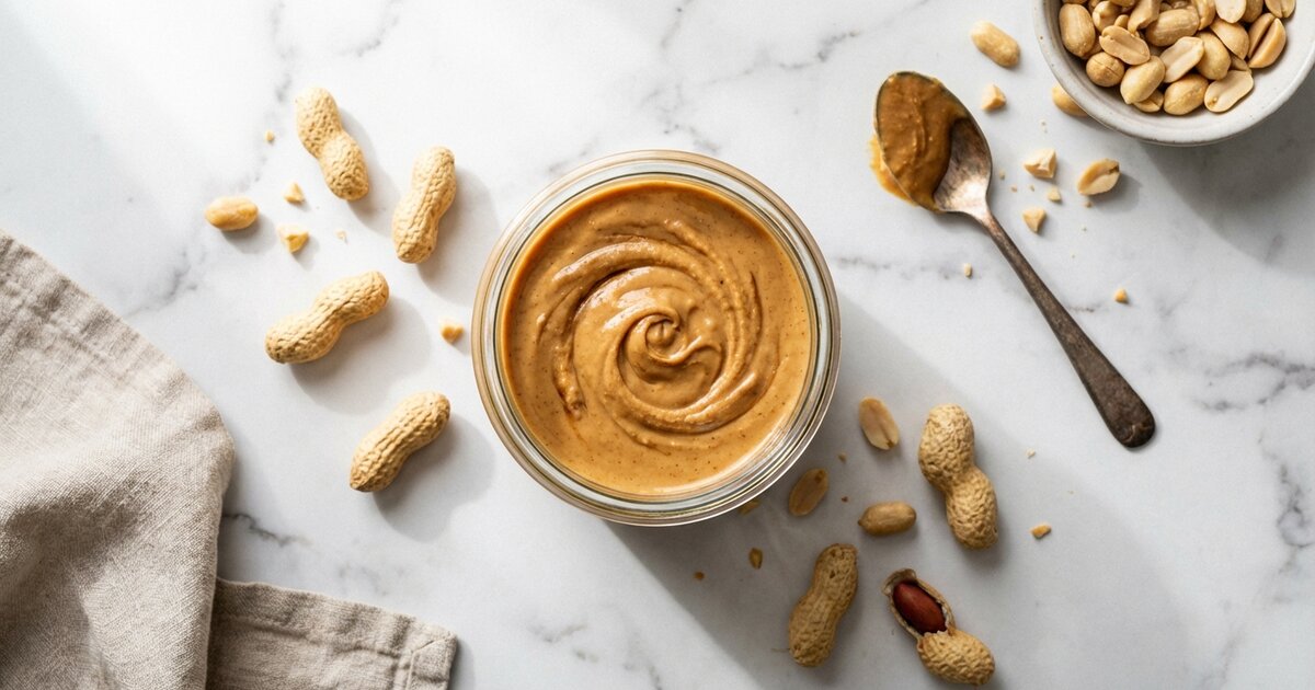 Creamy peanut butter in glass jar with peanuts - 25g protein, 20g carbs, 50g fat per 100g