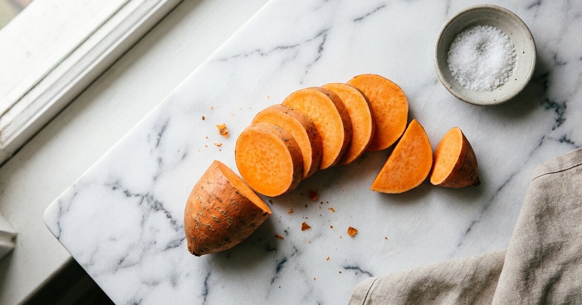 Whole and halved orange sweet potato - 2g protein, 20g carbs, 0g fat per 100g